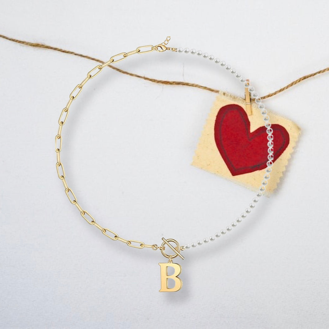B Initial Pearl Paperclip Necklace