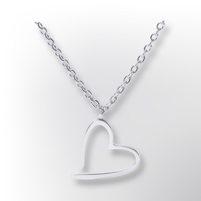 A silver floating heart necklace on a chain.