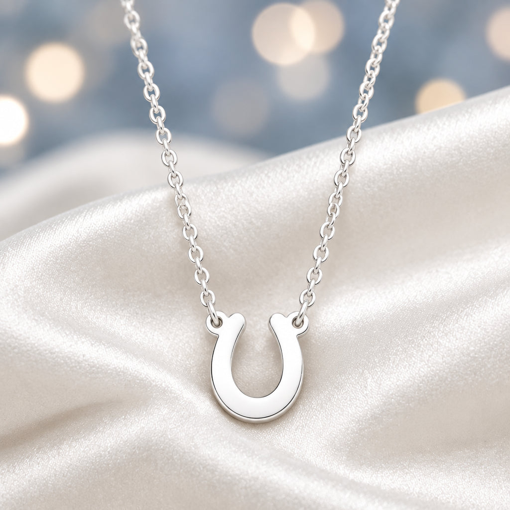 A silver horseshoe-shaped necklace displayed against a floral background.