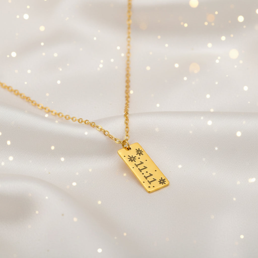 Make a Wish 11:11 Pendant Necklace with a rectangular pendant on a white background