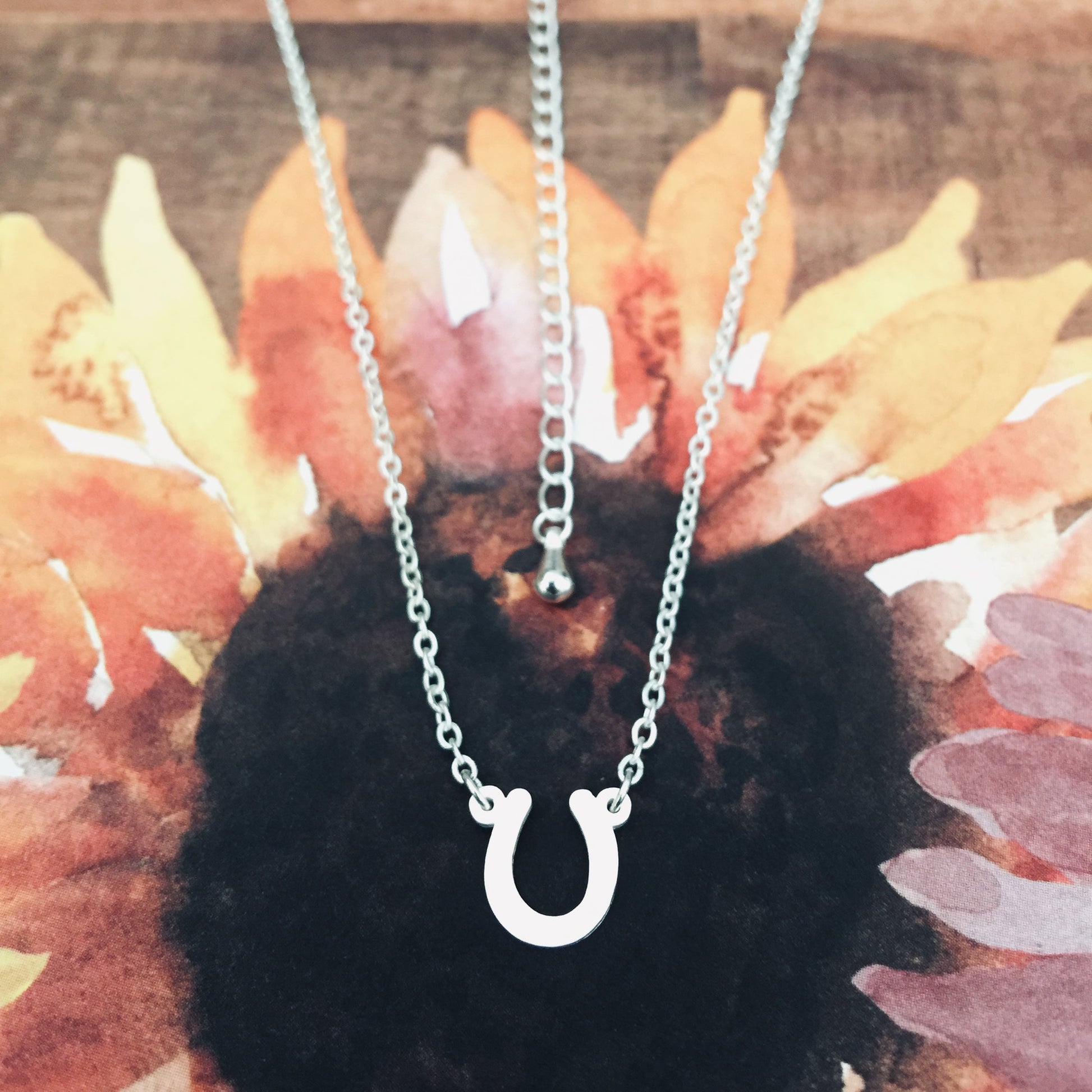 A silver horseshoe-shaped necklace displayed against a floral background.